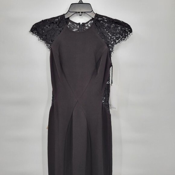 New Fame & Partners Women Black Lace Detail Cap Short Sleeve Mermaid Gown Size 2 - Picture 2 of 12